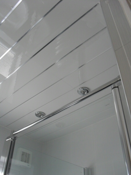 Photo - Contemporary Bathroom (3 of 3) - View of UPVC ceiling with decorative chrome inlay. - Fitted Kitchens and Bathrooms - Home - © J C Joinery